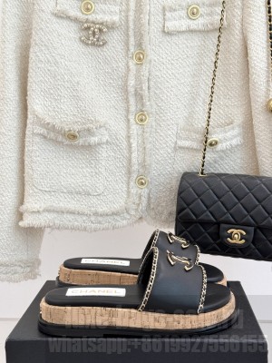 Chanel Leather Wood Flat Slides Sandal with Chain Black 2025