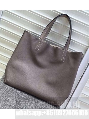 Hermes Double Sens Shopping Tote Bag In Original Togo Leather Grey/Apricot