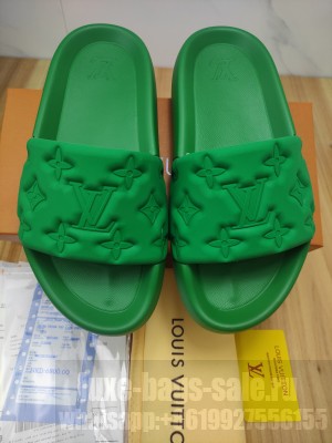 Louis Vuitton Unisex Sunbath Monogram Rubber Flat Slide Sandals Green 2022 Collection