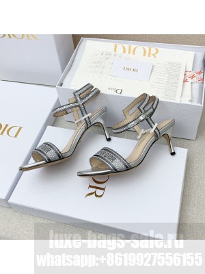 DIOR HEEL 6.5CM DWAY SANDALS IN COTTON EMBROIDERED WITH THREAD AND STRASS METALLIC SILVER 2022 COLLECTION