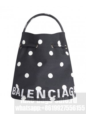 Balenciaga Wheel Polka Dot Drawstring Bucket Bag Black