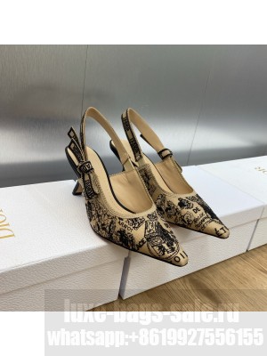 Dior J'Adior Slingback Pumps 6.5cm in Beige and Black Cotton Embroidered with Plan de Paris Motif 2023
