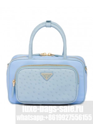 Prada Re-Nylon And Ostrich Leather Two-Handle Bag Blue