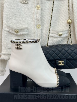 Chanel Women's Calfskin & Grosgrain With Chain Boots White