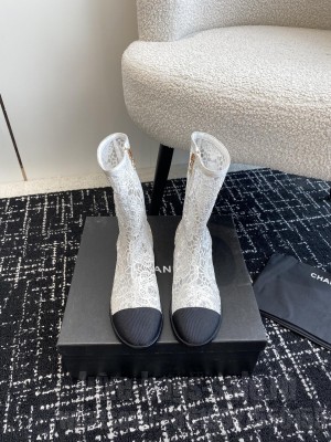 Chanel Lace Mesh Camellia Boots White
