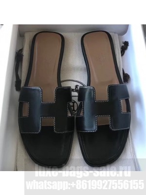 Hermes Oran Flat Slipper Sandals in Swift Box Calfskin Black 02