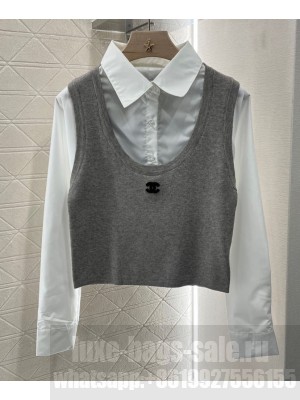 Chanel Women's Shirt Knit Two-piece Top Gray