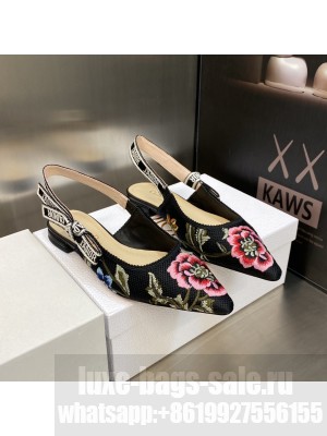 Dior J'Adior Slingback Flat in Black Multicolor Cotton Embroidered with Petites Fleurs Motif 2023