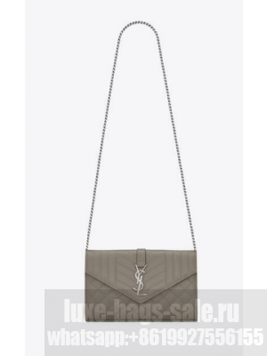SAINT LAURENT MONOGRAM CHAIN WALLET IN MIX MATELASSE GRAIN DE POUDRE EMBOSSED LEATHER 620280 STONE GREY&SILVER