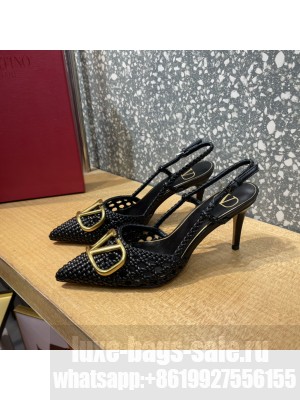 Valentino VLogo Slingback Pumps 8cm With Woven Leather Black 2022 Collection