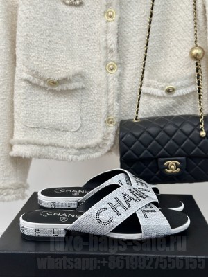 Chanel Rhinestone Letter Cross Strap Slide Flat Silver 02