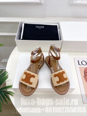 CELINE LYMPIA FLAT STRAP SANDAL IN RAFFIA & CALFSKIN BEIGE
