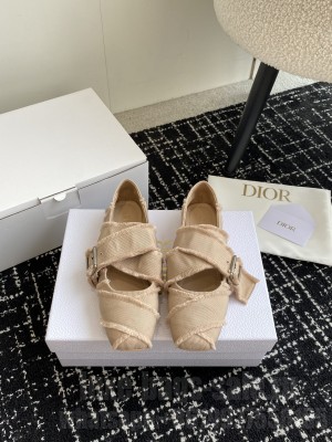 Dior Songe Ballet Flat Beige Fringed Grosgrain