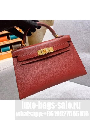 Hermes Mini Kelly II Bag in Original Chevre Leather Bordeaux Red