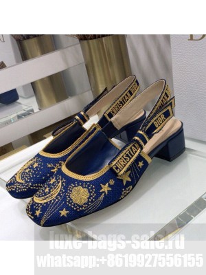 Dior x Moi Slingback Pumps 3.5cm in Navy Blue Star Embroidered Cotton Spring/Summer 2021 Collection