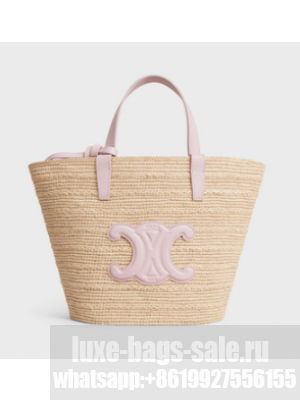 CELINE TEEN SUPPLE CELINE CLASSIC PANIER IN RAFFIA AND CALFSKIN 115802 PASTEL PINK