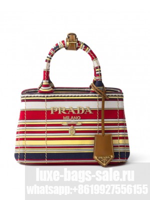 Prada Jardiniere Mini Striped Cotton-Canvas Bag Red