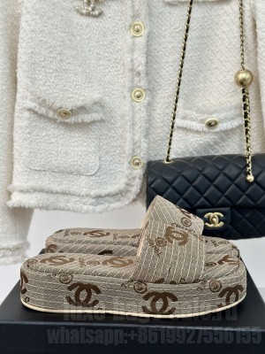 Chanel CC Denim Platform Slides Sandal 4cm Beige 2024
