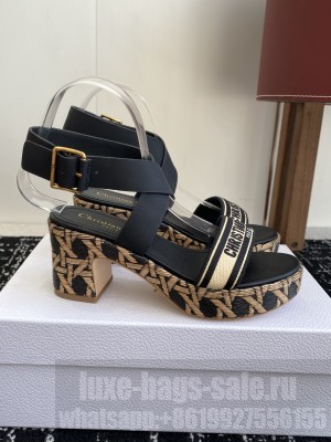 Dior Dway Heeled Sandal Natural Raffia, Black Embroidered Cotton and Calfskin