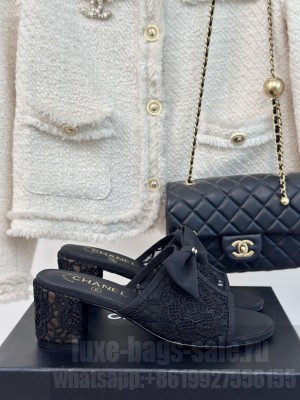 Chanel 6.5cm Mesh Lace Camellia White Bow Slide Black