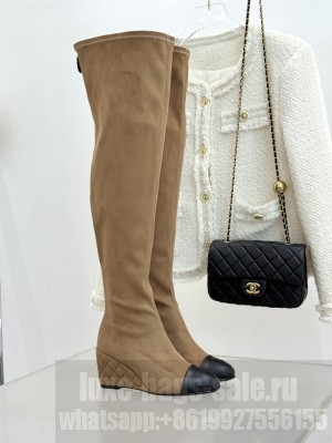 Chanel Wedge stretch over-the-knee boots 6.5cm suede brown