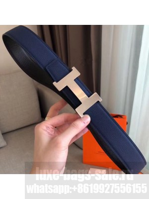 Hermes Constance Reversible Leather Strap Belt with H Buckle 38mm Blue 2019 Collection