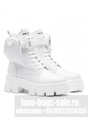 Prada Women's Monolith Leather And Re-Nylon Boots With Pouch White