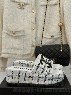Chanel multi-colored Tweed Platform Slide Mule 