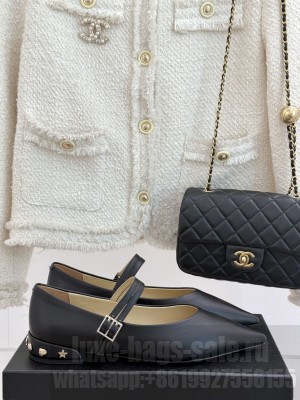 Chanel Women's Lambskin Pointed Toe Mary Janes Flat Black