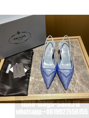Prada Women's 5.5cm Satin Slingback Sandals With Crystals 2022 Collection,Blue