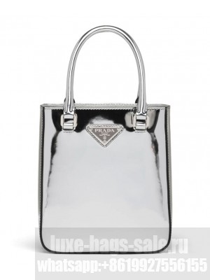Prada Small Brushed Leather Tote 1BA331 Silver
