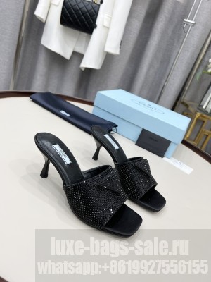 Prada 6cm Satin slides sandals With Cryscals Mule 2022 Collection,Black