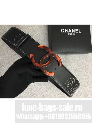 Chanel Width 5.3cm Leather Belt Black Gabrielle with Resin CC Logo