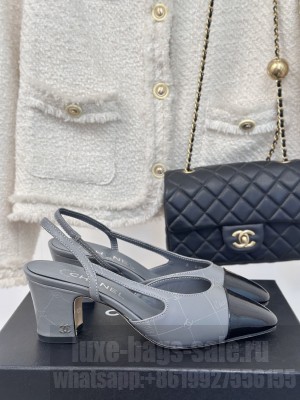 Chanel Slingback 7cm Printed Lambskin & Patent Calfskin Gray Black 2025