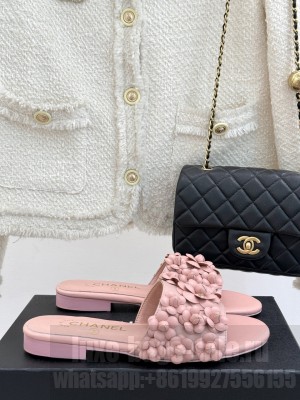 Chanel Lambskin Flat Slides Sandal with Camellia Bloom pink 2025