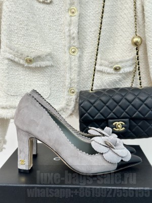Chanel Women's 8cm Heel Camellia Suede & Leather Pumps Gray 2024