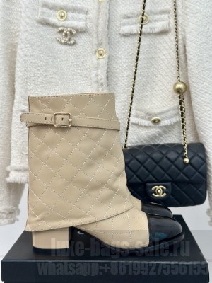 Chanel Calfskin 6.5cm Heel with Foldover and Buckle Strap Beige Ankle Boots 2024