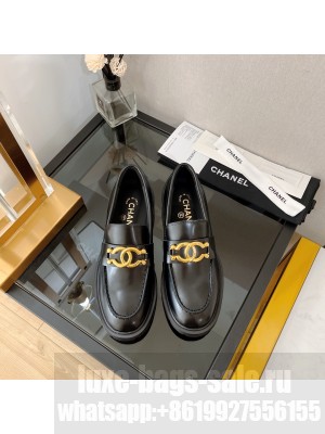 Chanel Shiny Calfskin Loafers with Metal CC Black
