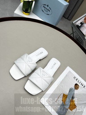 Prada Calfskin Leather Flat Slide Sandals 2022 Collection White