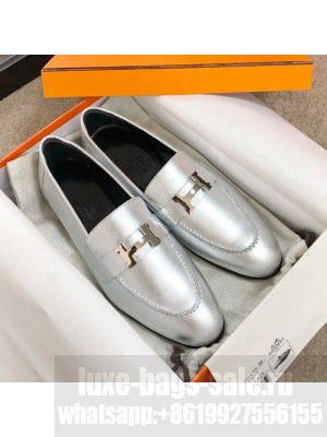 Hermes Paris Lambskin Flat Loafers Silver 2020 Collection