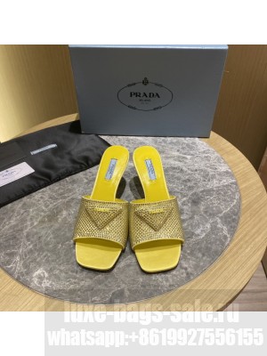 Prada 6cm Satin slides sandals With Cryscals Mule 2022 Collection,Yellow