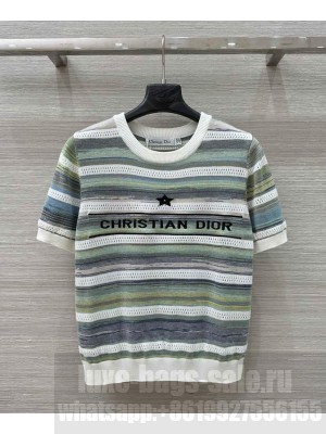 Christian Dior Women's Colorful Hollow Striped T-shirt Green
