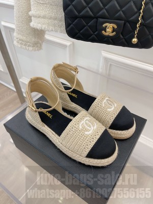 CHANEL BRAIDED KNIT ESPADRILLES SANDALS G38736 BEIGE/BLACK  2022 Collection 