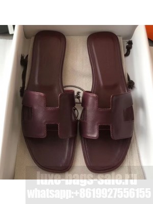 Hermes Oran Flat Slipper Sandals in Swift Box Calfskin Burgundy