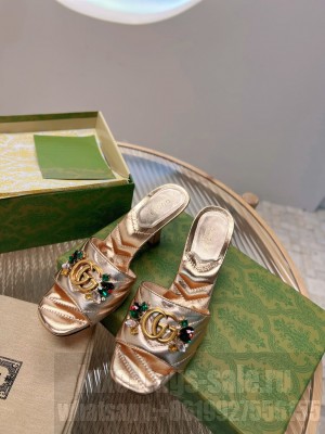 Gucci Calfskin Heel Slide Sandals with Crystal Charm 7.5cm Gold 2023