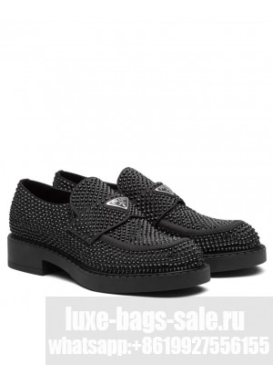 Prada Women's Chocolate Satin Loafers With Crystals Black