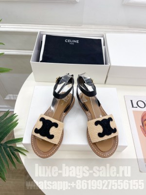 CELINE LYMPIA FLAT STRAP SANDAL IN RAFFIA & CALFSKIN BEIGE/BLACK