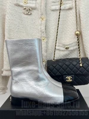 Chanel Women's Crinkled Calfskin/Patent Silver Boots 