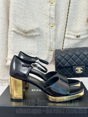 Chanel Gold Heel Calfskin Sandals Crinkled Black 2024
