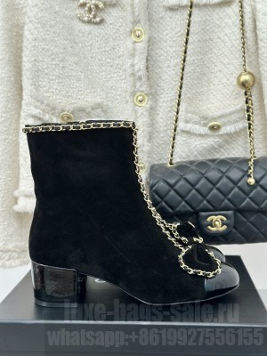 Chanel Women's Chain Around With Bow Suede/Patent Ankle Boots Black